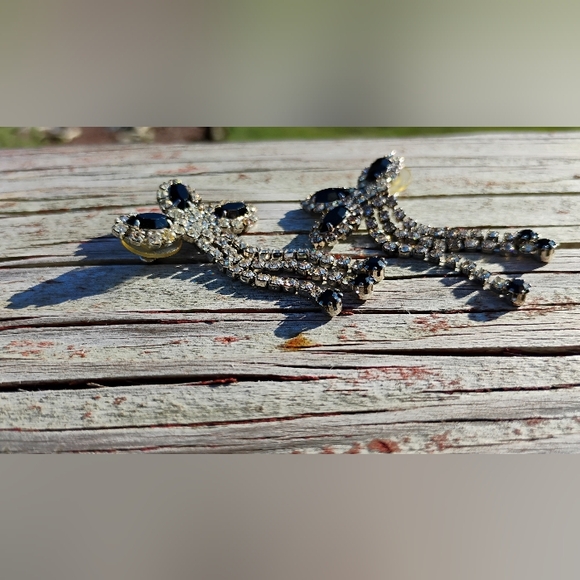 Art Deco Cocktail Rhinestone Earrings Black & Clear Dangled Pageant RARE - Picture 4 of 10